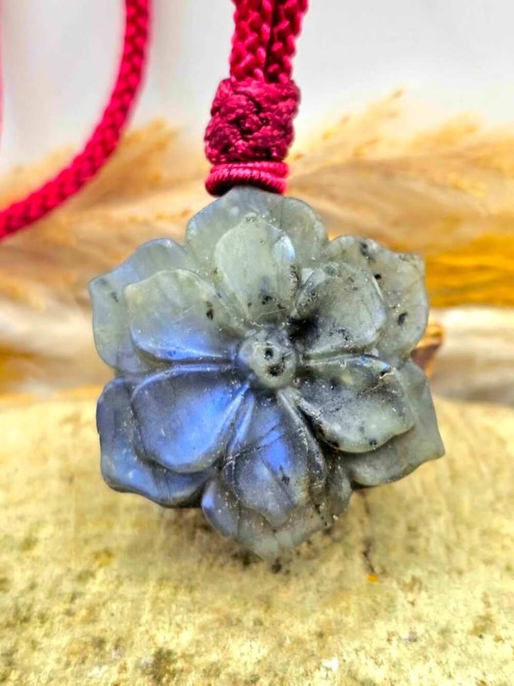 Nature Labradorite Carved Flower Hand Braided Pendant Necklace